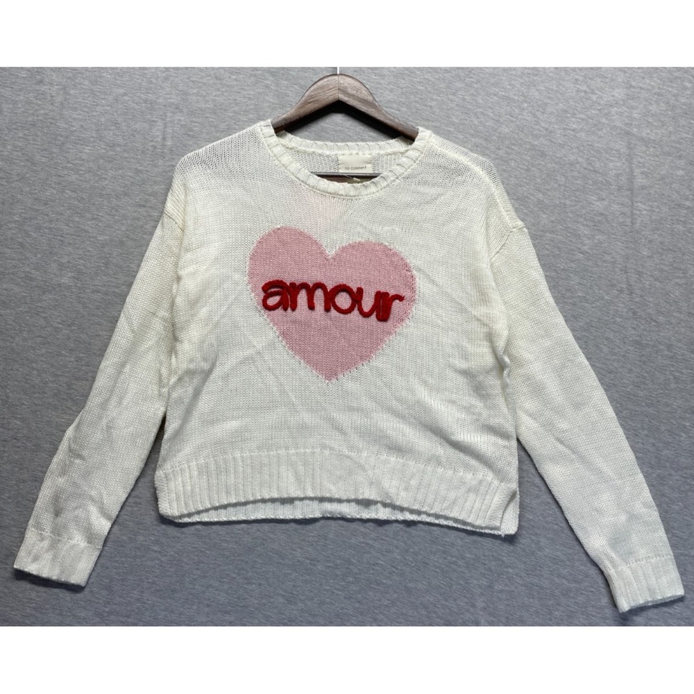 No Comment Sweater Womens Medium White Acrylic Embroidered Amour Love Tight Knit